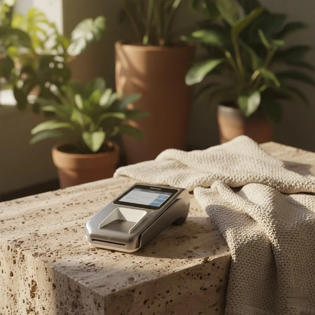 iPhone with a mobile credit card reader attached, processing a payment